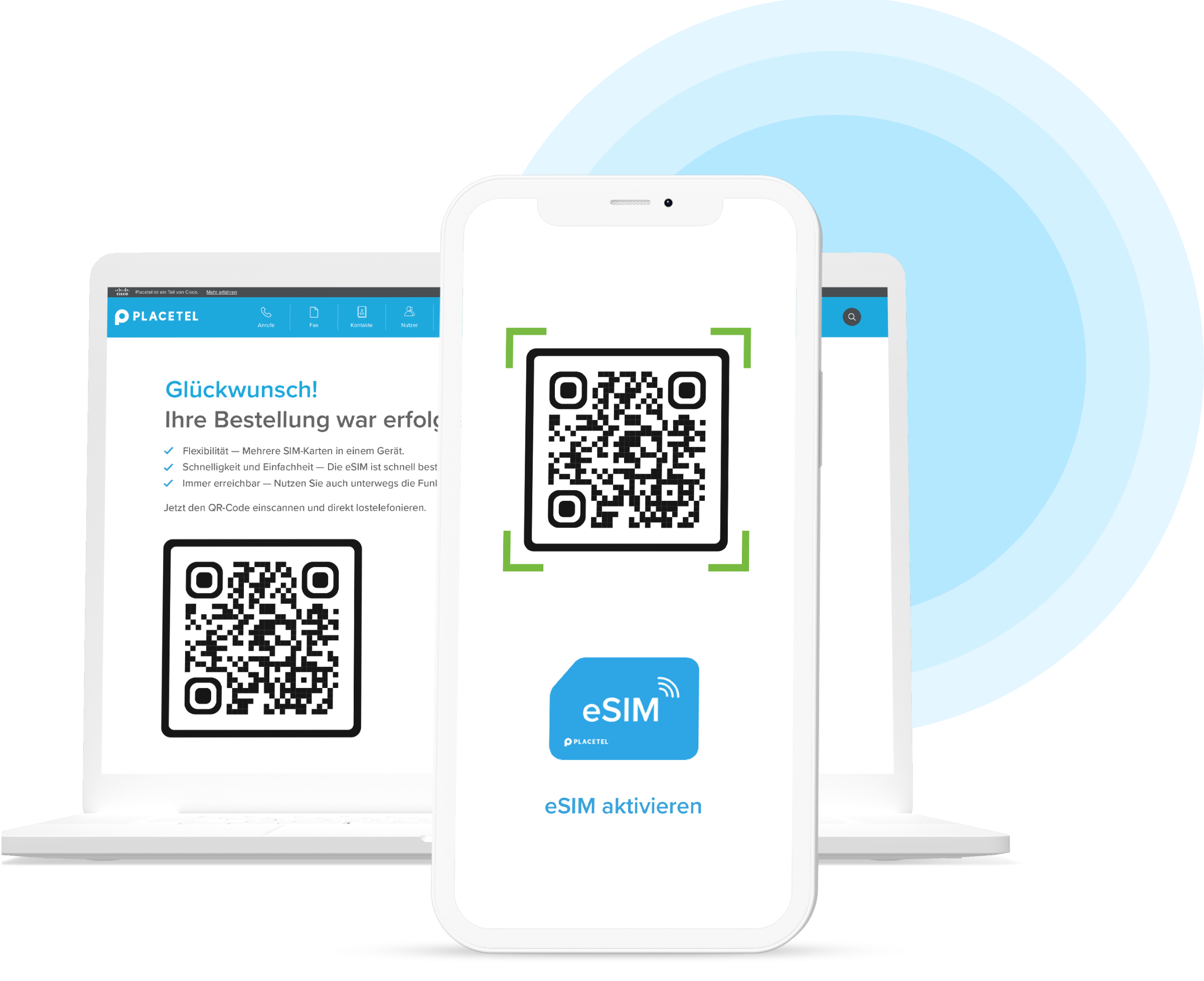 Placetel eSIM Aktivierung per QR-Code auf Laptop und Smartphone